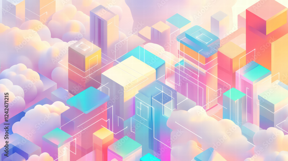 Poster colorful abstract cityscape with geometric shapes and clouds, representing big data architecture and