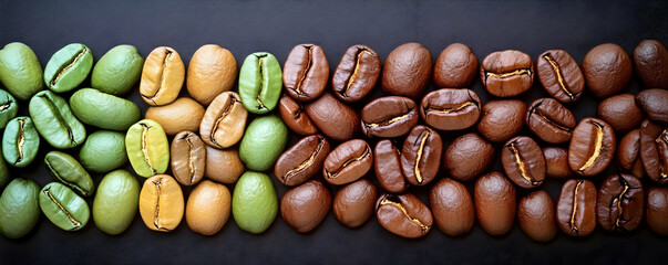 Artistic arrangement of coffee beans in various stages of roasting and processing.