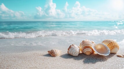 Close-Up of Seashells on the Beach with Sand Background oe Perfect for Beach Photography, capturing the natural beauty of seashells in their natural setting