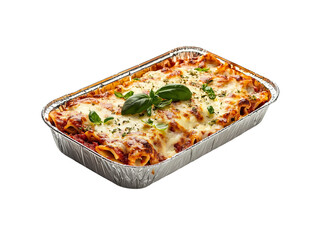 A delicious tray of lasagna topped with melted cheese and fresh basil, showcasing appetizing layers of pasta and sauce.