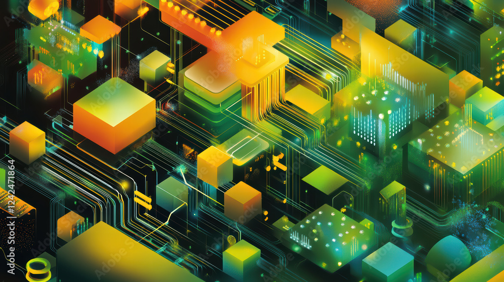 Poster vibrant abstract illustration of big data flow processing with geometric shapes and glowing circuits