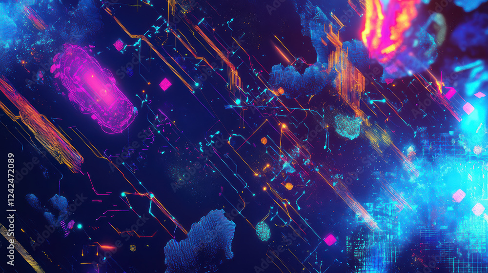 Poster vibrant abstract digital art depicting big data flow with colorful elements, glowing lines, and clou