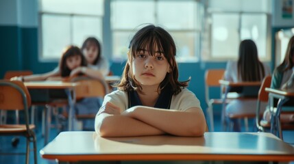 Fototapeta premium A girl with crossed arms looking tired in a school classroom