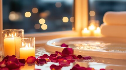 Romantic jacuzzi bath, city view, candles, petals