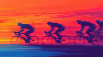 Cyclists Racing Against a Vibrant Sunset Sky in Motion Blur Effect
