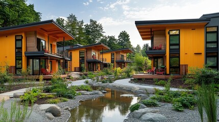 Co-housing Architecture Community-focused co-housing architecture with shared spaces, sustainable design, and social interaction, promoting collaboration and a sense of belonging among residents.