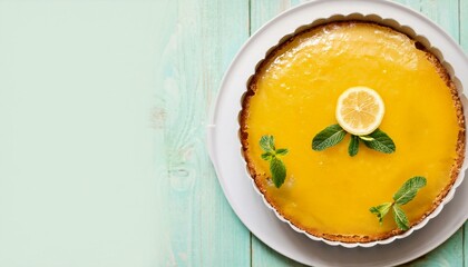 Sweet lemon tart garnished with mint. A burst of citrus flavor!