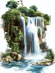 Naklejka premium Majestic Waterfall Surrounded by Lush Greenery in an Idyllic Natural Setting with Elegant Rock Formations