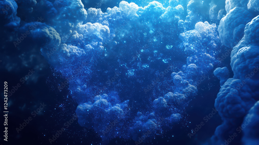 Poster clouds in cosmic space filled with glowing particles and light, creating mystical atmosphere. scene 