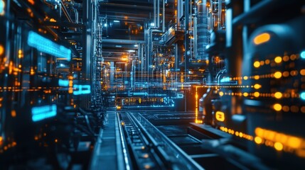 High tech industrial interior showcasing advanced engineering with glowing blue and orange neon lights. Complex machinery and digital elements create a dynamic, futuristic atmosphere