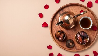 Aromatic coffee, sweet dates, and rose petals create a serene and inviting scene.