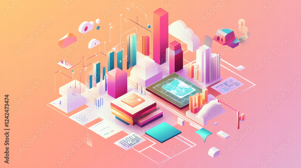 Poster isometric big data visualization with cloud technology and urban elements. this vibrant illustration