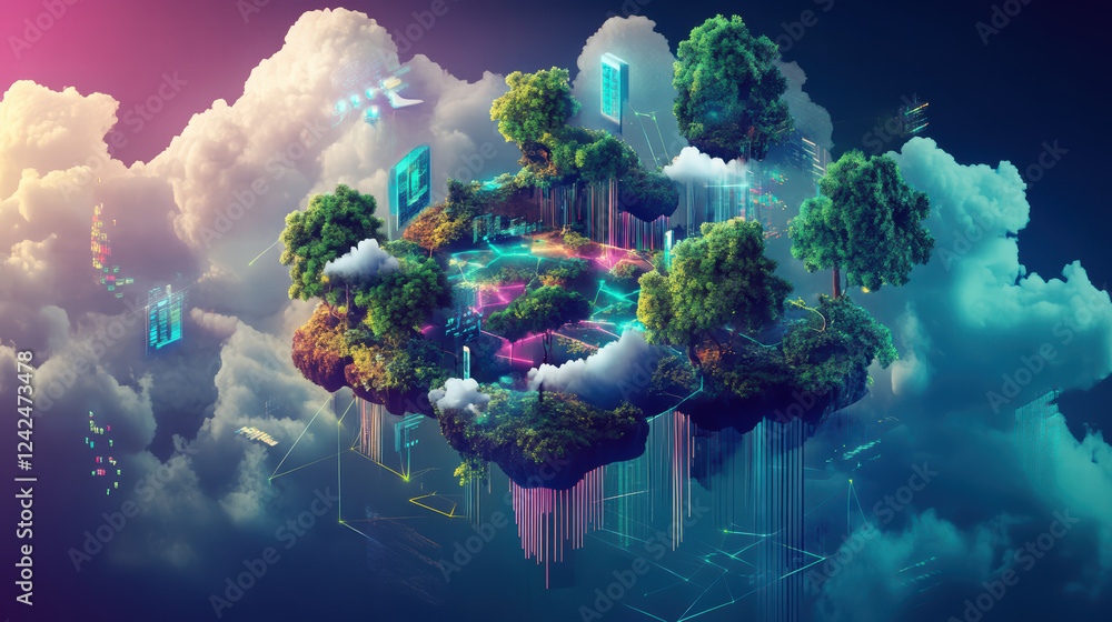 Poster isometric big data visualization with cloud technology, featuring floating islands, trees, and digit