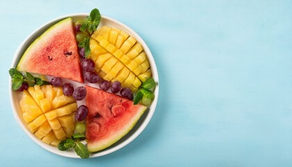 Refreshing summer fruit platter: watermelon, mango, and grapes.