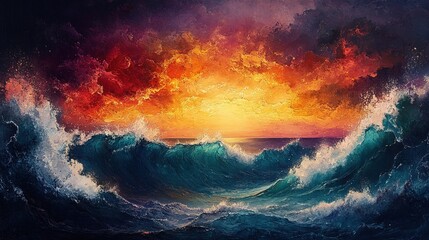Fototapeta premium Ocean waves crash under vibrant sunset sky