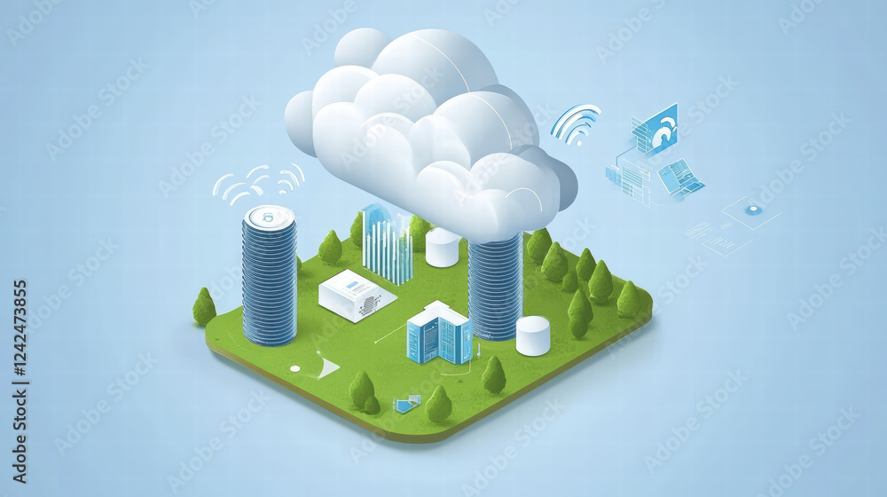 Poster isometric cloud technology illustration with data visualization, servers, and greenery. this represe