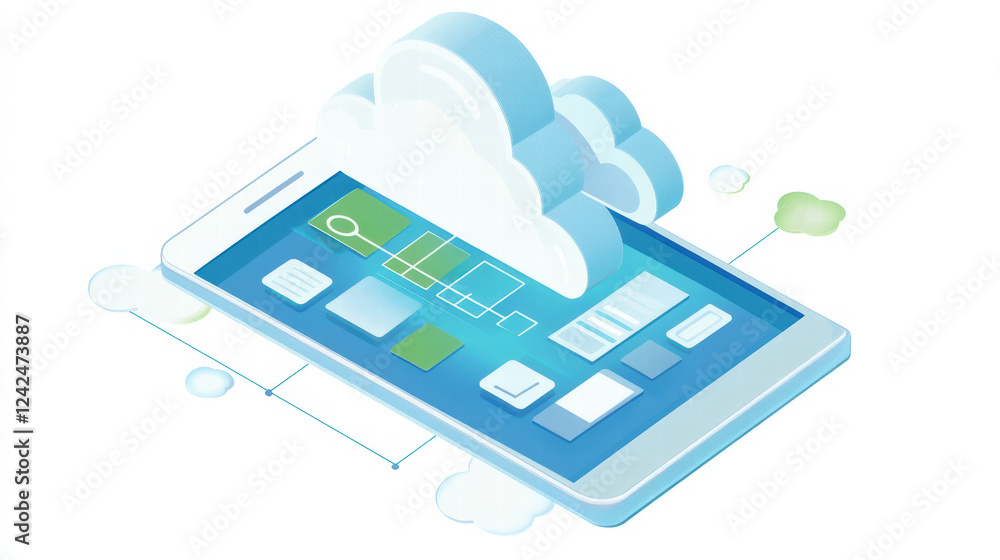 Poster isometric cloud technology visualization on smartphone screen, showcasing data management and connec