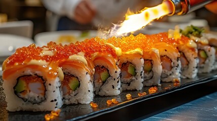 Delectable sushi rolls topped with salmon, ikura, and mayo. Perfect for menus, restaurant websites, or food blogs showcasing upscale cuisine.