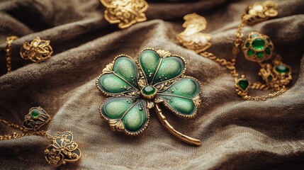 Naklejka premium Elegant Green Shamrock Brooch with Gold Detailing on Soft Fabric Background
