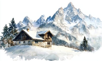 Snow-covered cottage in mountainous landscape with majestic peaks in winter, tranquil scene of nature's beauty and serenity
