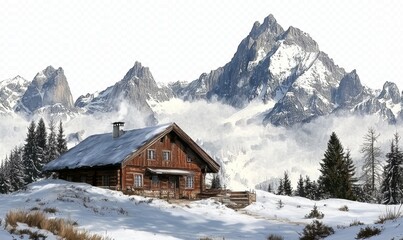 Cozy log cabin in snowy landscape with majestic mountain range and pine trees in winter scenery