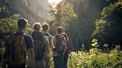 Group of Friends Excitedly Preparing for an Outdoor Hiking Adventure