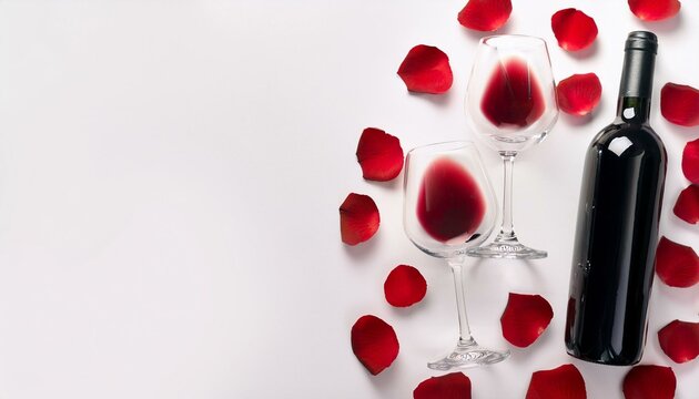 Romantic red wine setting with rose petals.