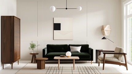 Fototapeta premium Mid-century modern living room interior design with a dark green velvet sofa, walnut wood furniture, and geometric art pieces.