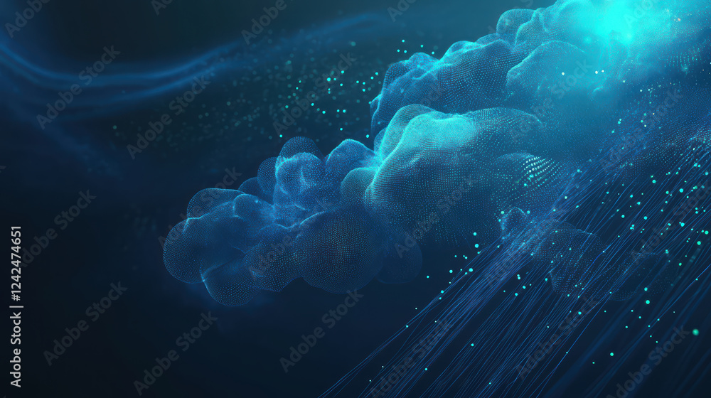 Poster digital abstract representation of cloud technology with glowing particles, showcasing futuristic de