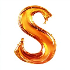 A glossy, flowing S-shaped liquid isolated on a white background. The S shape is made of thick amber oil with visible droplets and ripples along its length. 