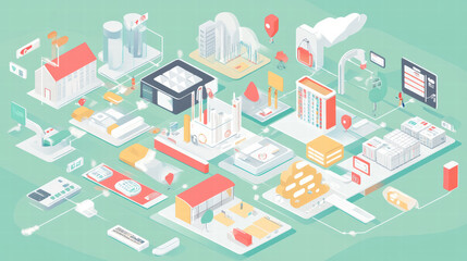 Obraz premium Isometric graphic of cloud technology, big data, and modern infrastructure. This illustration showcases various buildings, data centers, and technology elements in vibrant layout