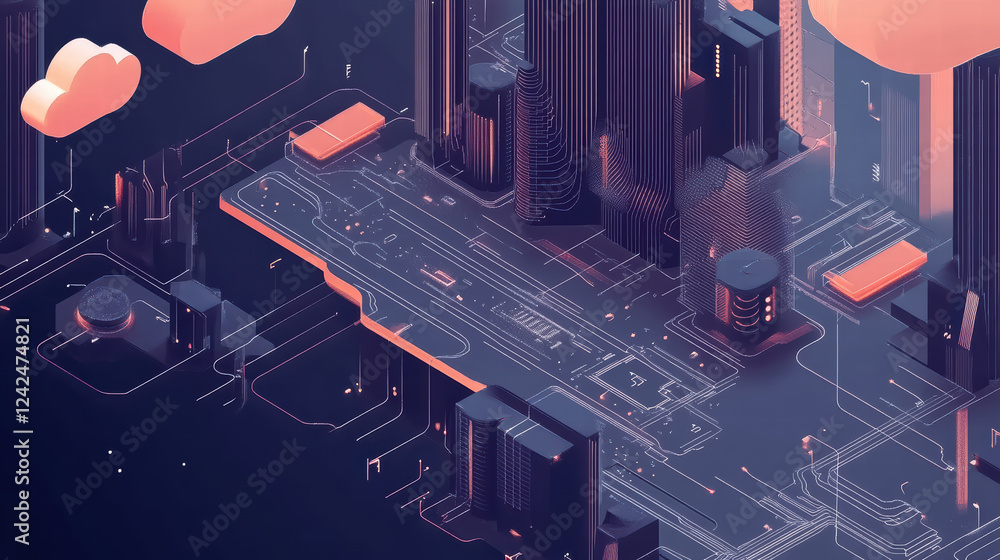 Poster isometric graphic of cloud technology and big data with urban landscape, showcasing modern architect