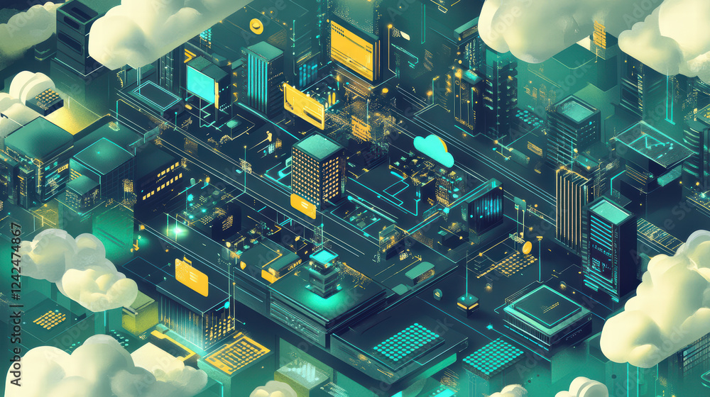 Poster isometric graphic of cloud technology and big data processing in futuristic cityscape. vibrant color