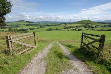 A gravel pathway leads through an open gate, inviting exploration into lush green fields. Rolling hills and wind turbines add a backdrop under a clear sky, creating a serene landscape