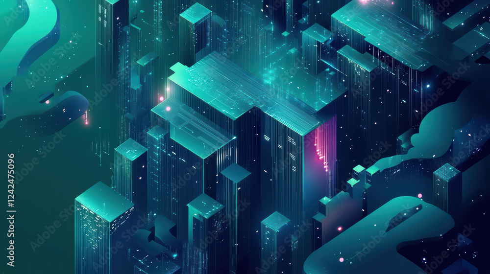 Poster isometric illustration of futuristic cloud database technology with glowing skyscrapers and digital 