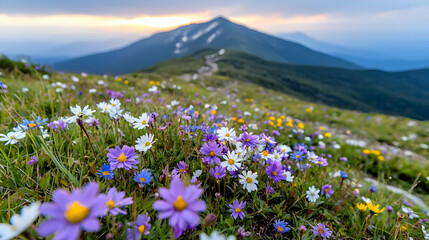Obraz premium Vibrant purple and white wildflowers bloom in an alpine meadow with a winding trail leading to a distant mountain peak at sunset.