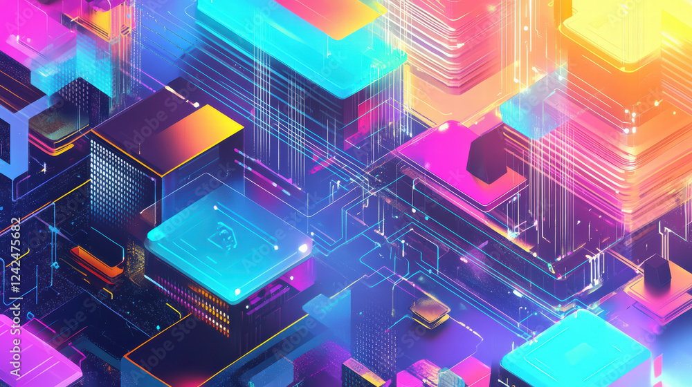 Poster isometric illustration of cloud database technology with vibrant colors and geometric shapes, showca