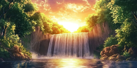 Anime sunset sunrise waterfall, flowing river background, nature waterfalls, cartoon illustration, scenic creek falls