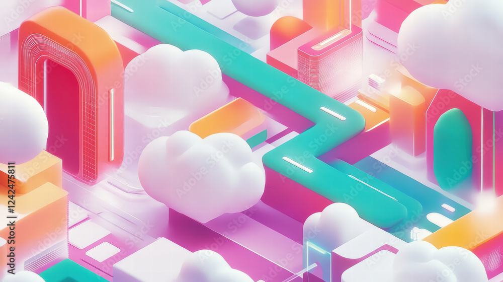 Poster isometric illustration of colorful cloud database technology landscape featuring vibrant geometric s