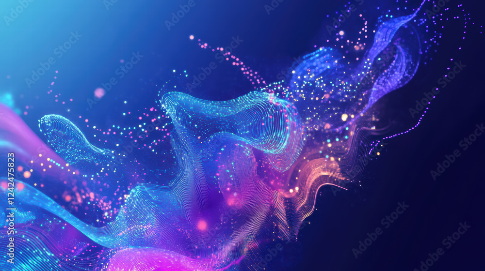 Poster vibrant abstract waves of light and color create dynamic visual experience, showcasing blend of purp