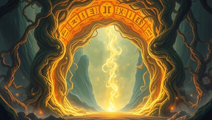 Biological Gateway of Pulsating Light and Thought-Responsive Runes – An eerie, living archway infused with ancient magic, opening to an unknown reality