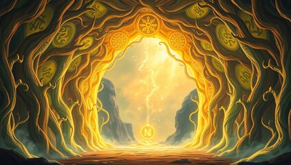Otherworldly Portal of Living Tendrils and Ever-Changing Runes – A mystical archway, alive with shifting symbols, standing at the edge of a dimension beyond time and space