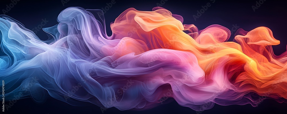 Poster fluid dynamic curves in vibrant colors, flowing in a soft holographic gradient on a dark backdrop.