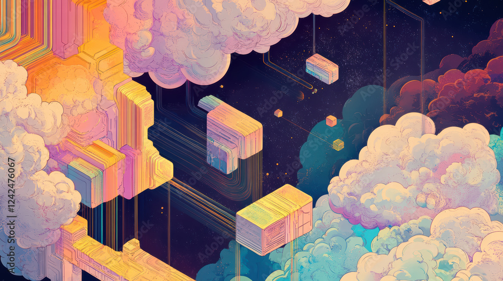 Poster isometric illustration of cloud database technology with colorful clouds and abstract shapes, repres