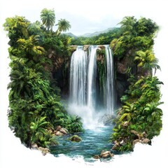 Fototapeta premium Lush Tropical Waterfall Surrounded by Dense Greenery with Mist Spreading in a Serene Natural Landscape