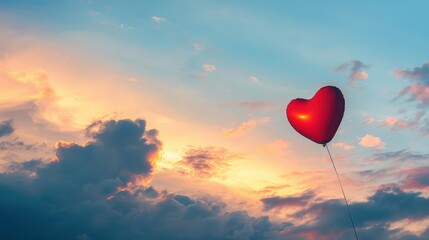 Heart-shaped balloon floating among clouds at sunset, embodying love and dreams