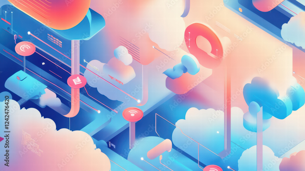 Aufkleber isometric illustration of data flow in cloud environment featuring colorful elements, abstract shape