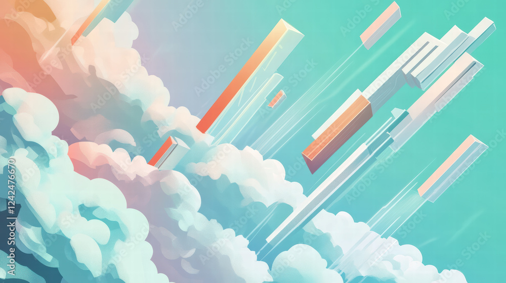 Poster isometric illustration of abstract data flow in cloud environment, featuring colorful geometric shap