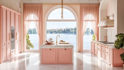 Luxury Pink Kitchen with Stunning Lake View