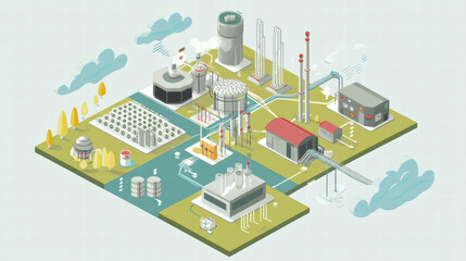 Isometric illustration of industrial complex featuring various facilities, including storage tanks, pipelines, and processing units, set against light background